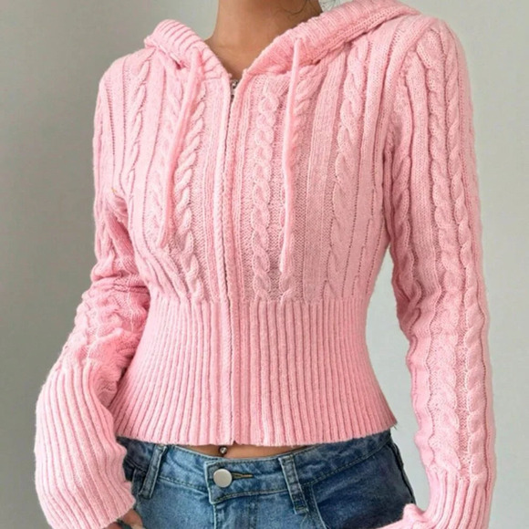 Pink Casual Women's Drawstring Hooded Cardigan - Picture 1 of 5